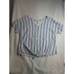 Como Vintage Shirt Womens 2XL Blue White Striped Linen Tie Front Button Down